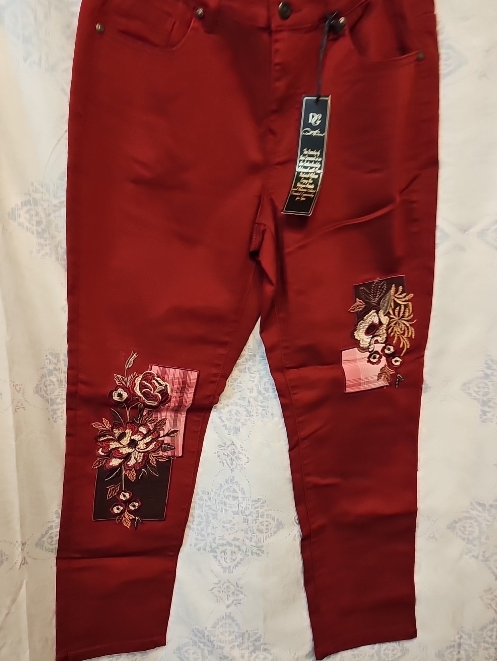 Embroidered Burgundy Floral Skinny Pants By DIANE GILLMAN